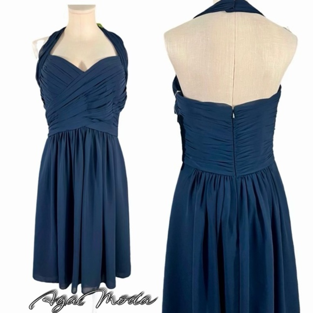 Bill Levkoff Bridal Party Prom Special Occasion Navy Midi Chiffon Fit And Flare